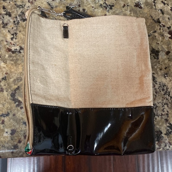 Tan canvas with black patent leather accent clutch purse - Picture 3 of 6